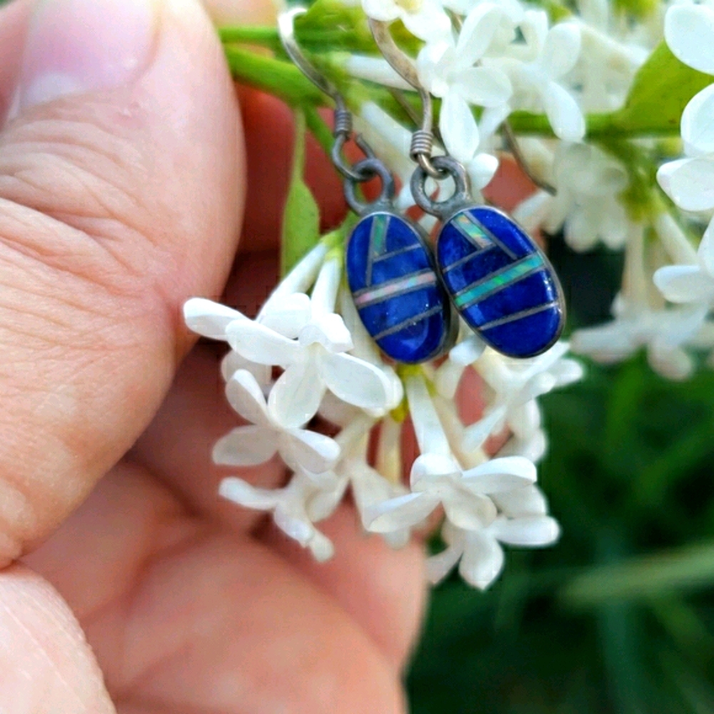 Vtg Genuine Lapis Opal Mosaic Silver Drop Earrings - Picture 3 of 16